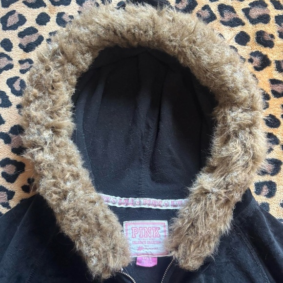 PINK Victoria's Secret Black Hoodie with Brown Fur Trim - Picture 3 of 5